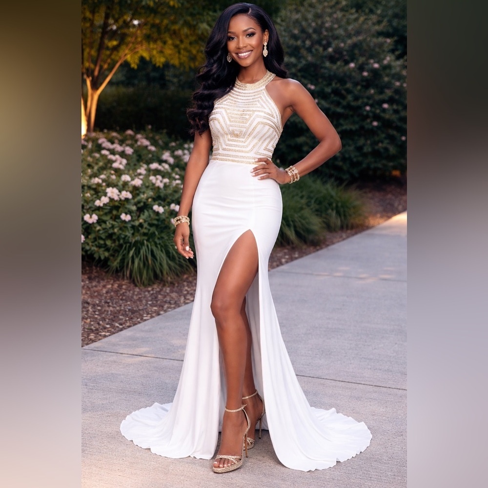 Faviana Prom Size 4 Light Ivory White Gold Beaded Pageant gown dress train NWT